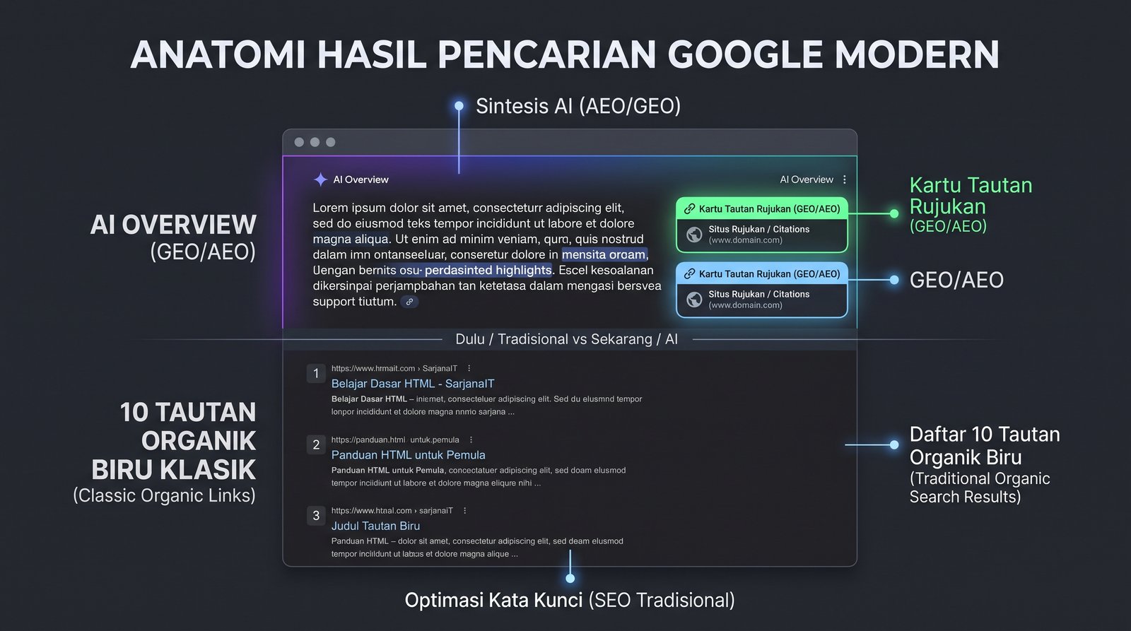 Anatomi hasil pencarian modern Google AI Overviews vs hasil pencarian organik konvensional