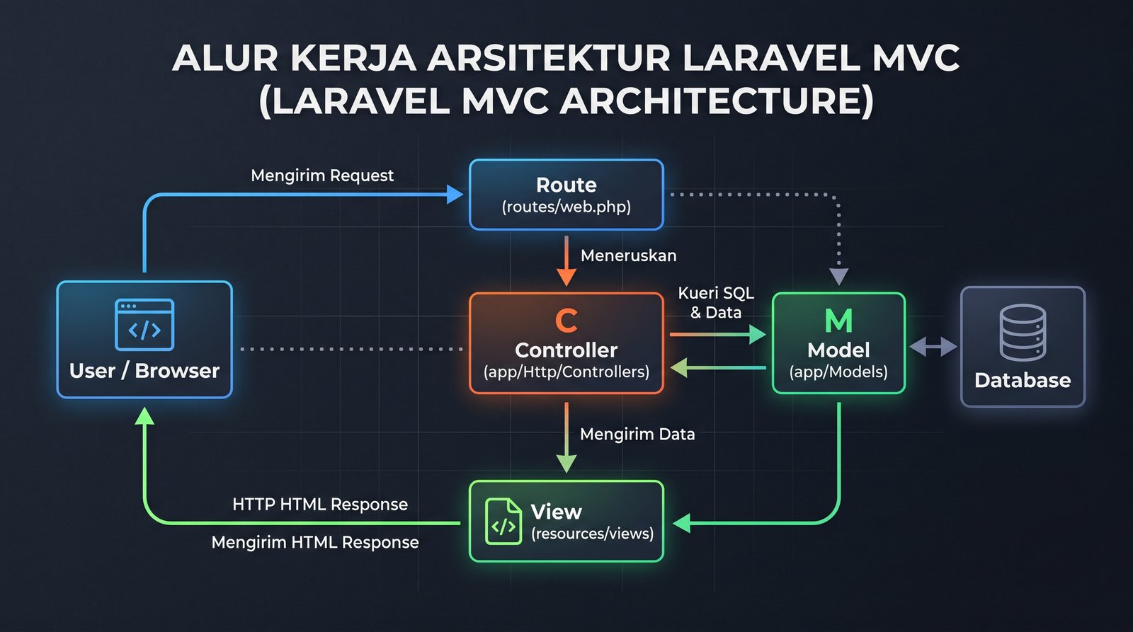 Ilustrasi Panduan Dasar Laravel: Arsitektur MVC & Eloquent ORM Ilustrasi Panduan Dasar Laravel: Arsitektur MVC & Eloquent ORM