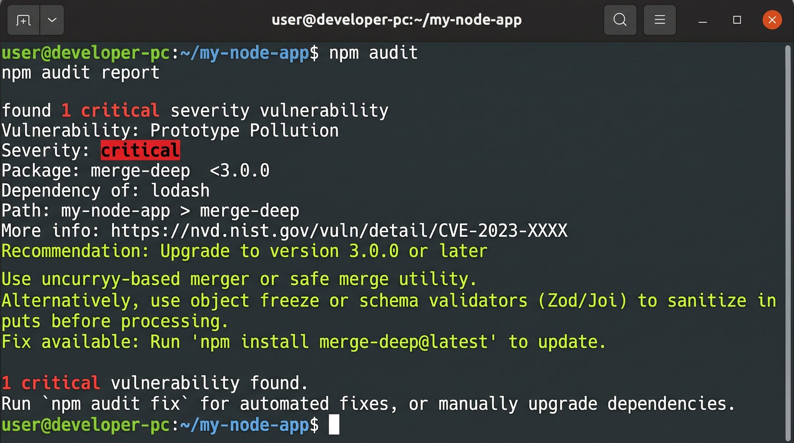 Tangkapan layar audit keamanan dependensi npm audit pada proyek Node.js Tangkapan layar audit keamanan dependensi npm audit pada proyek Node.js